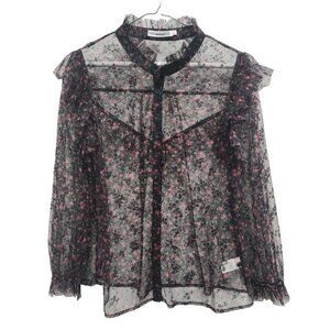 Inmod Womens Blouse Top Large Black Floral Ruffle Sheer Long Sleeve Whimsygoth